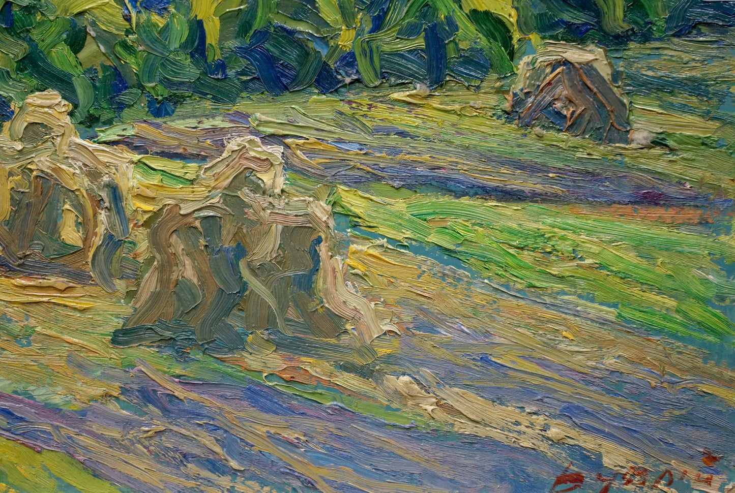 Vibrant impressionist oil painting of Haystacks by Sergey Dupliy