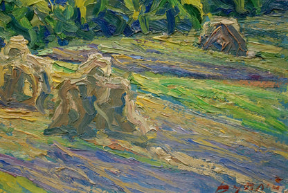 Vibrant impressionist oil painting of Haystacks by Sergey Dupliy