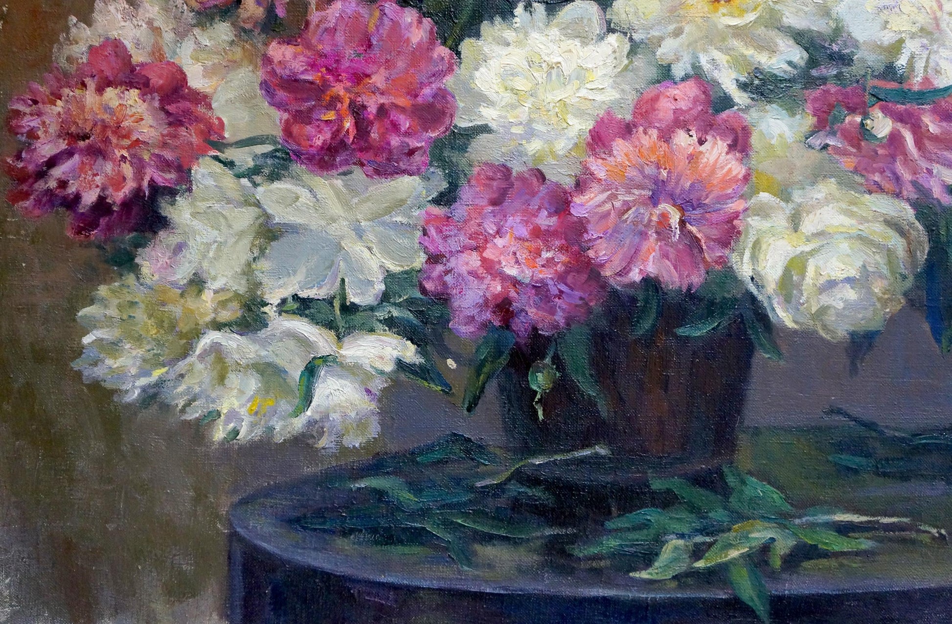 Oil painting of pink and white peonies bouquet in brown vase by Krasnov N.G