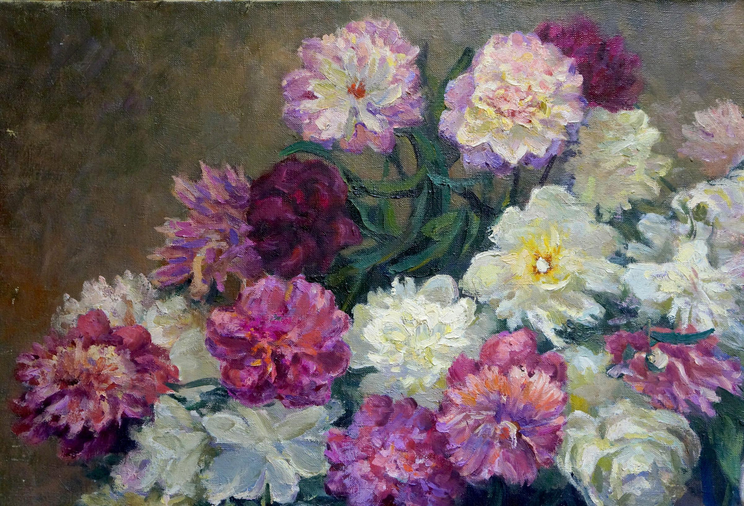 Oil painting of pink, white, purple peonies bouquet by Krasnov N.G