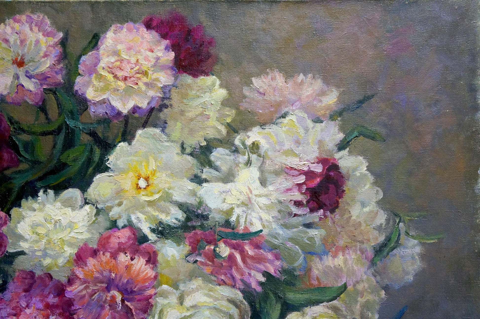 Oil painting of vibrant peony bouquet by Krasnov N.G