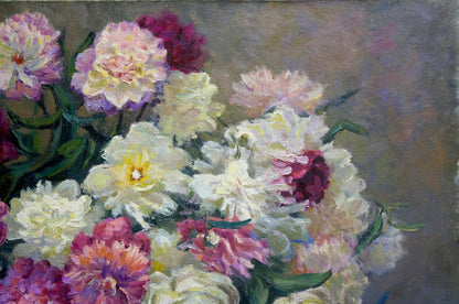 Oil painting of vibrant peony bouquet by Krasnov N.G