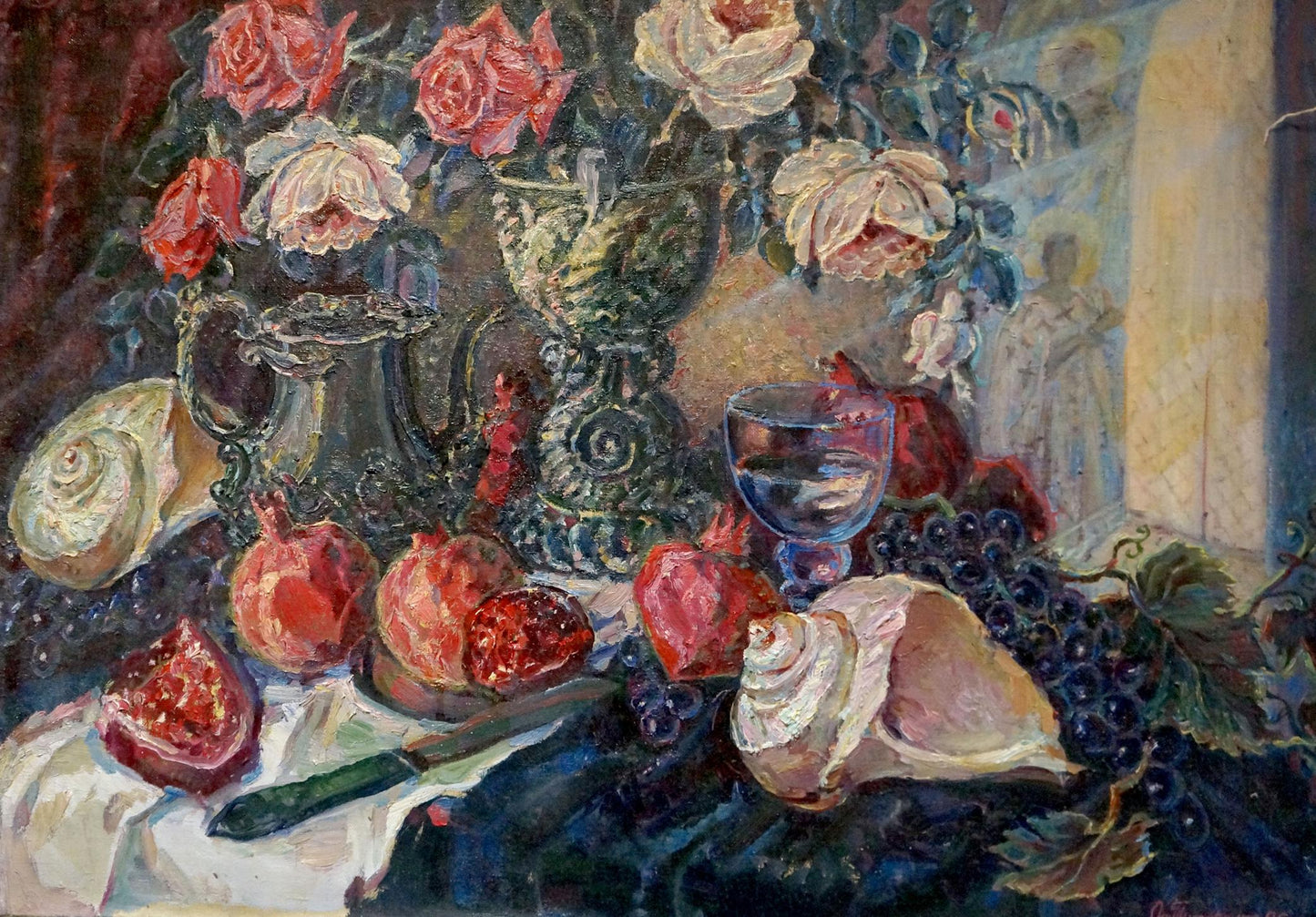 Oil painting of pink white roses in ornate vase by Tytarenko Odarka Anatoliivna