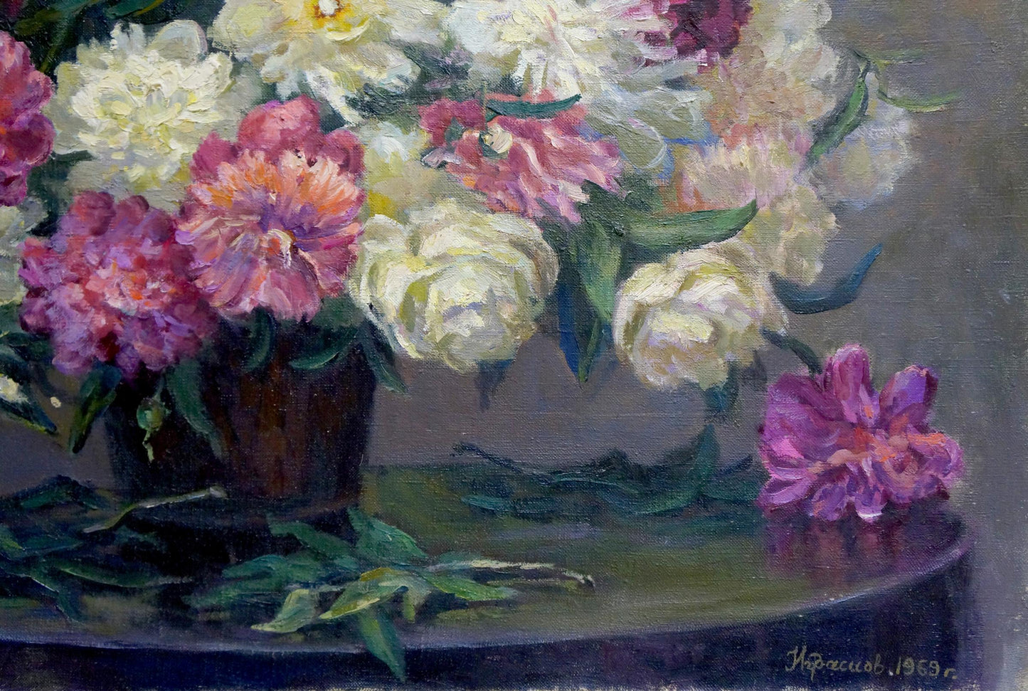 Oil painting of vibrant pink, white, purple peonies in brown vase by Krasnov N.G