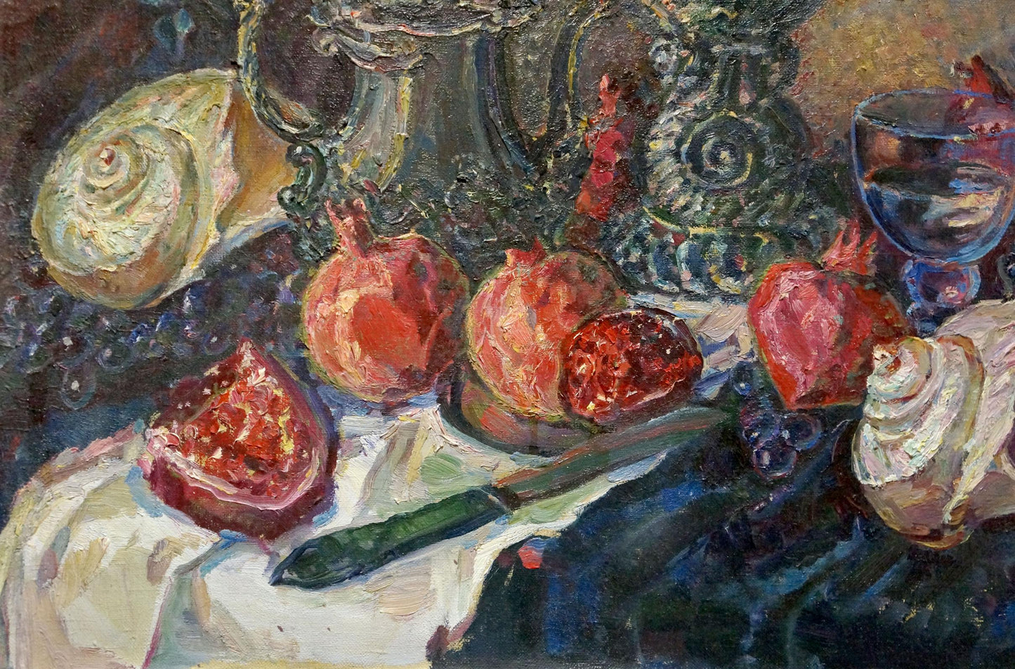 Vibrant oil painting of red pomegranates and roses by Tytarenko Odarka Anatoliivna