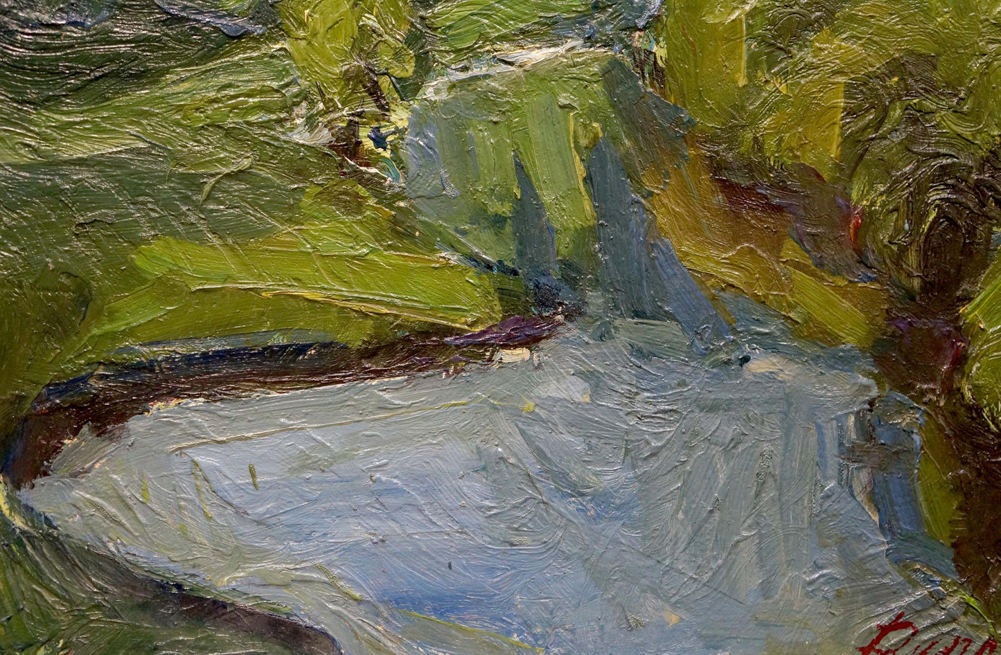 Oil painting Waterfall Dupliy by Sergey Alexandrovich, textured impasto blues and greens