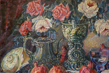Oil painting of pink white roses in ornate green vase by Tytarenko Odarka Anatoliivna