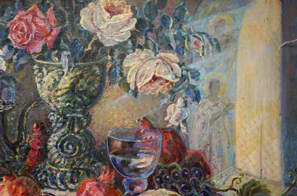 Oil painting by Tytarenko Odarka Anatoliivna: dark green vase with pink white roses
