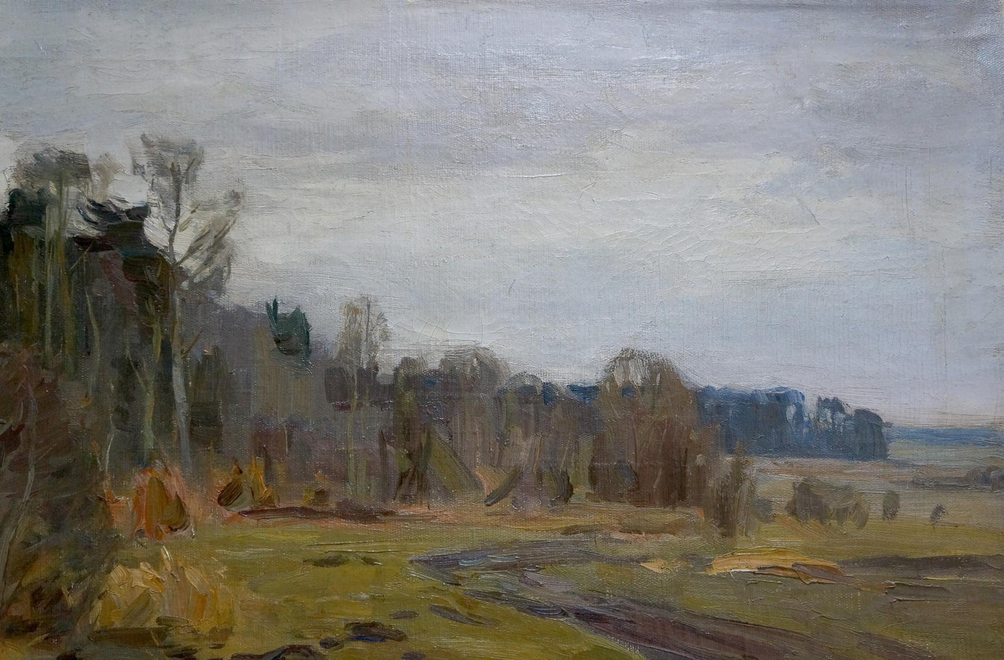 Oil painting Closer to the Forest by Sokolov Vasily Vasilievich: muted landscape with river and autumn trees