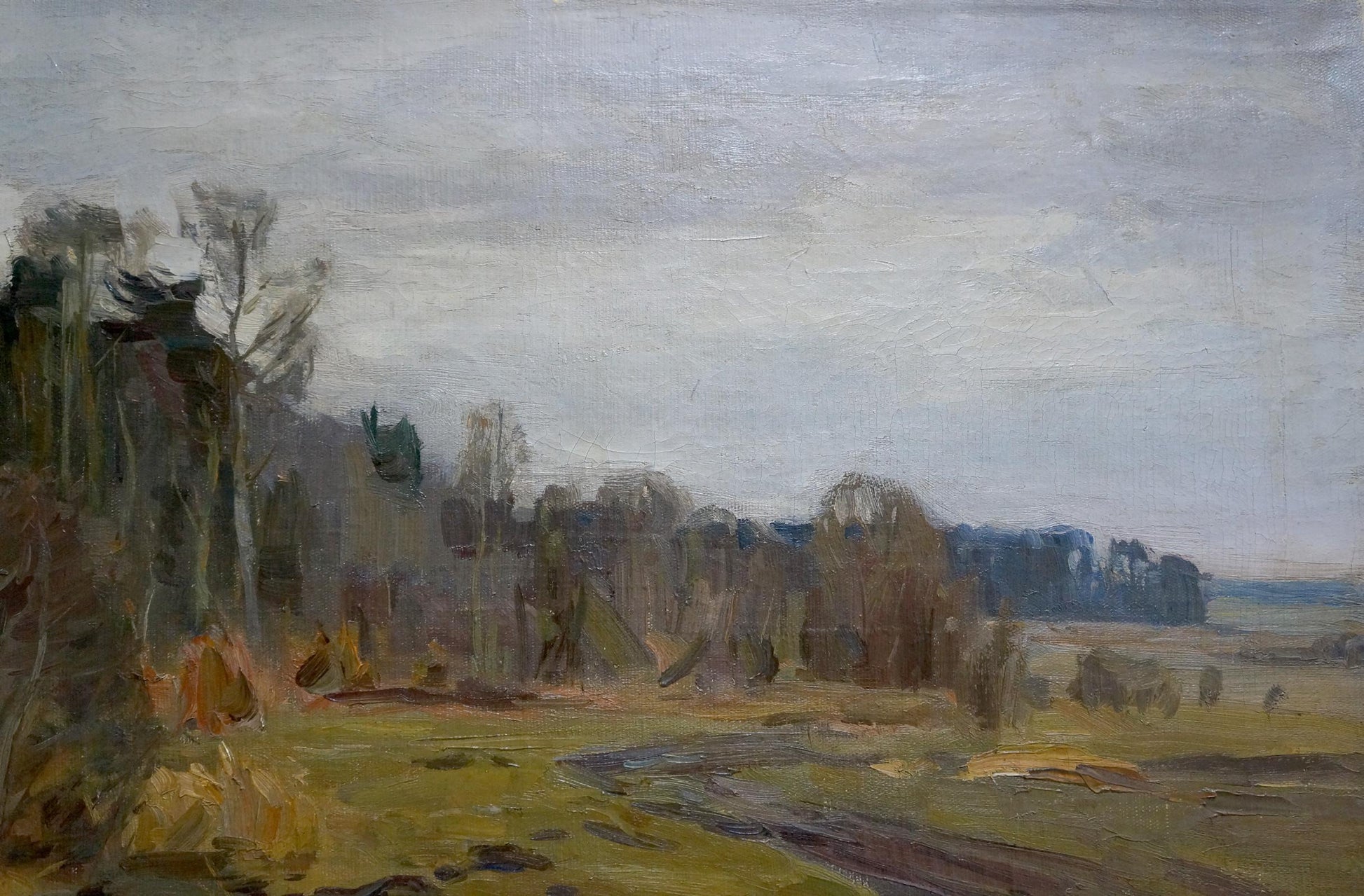 Oil painting Closer to the Forest by Sokolov Vasily Vasilievich: muted landscape with river and autumn trees
