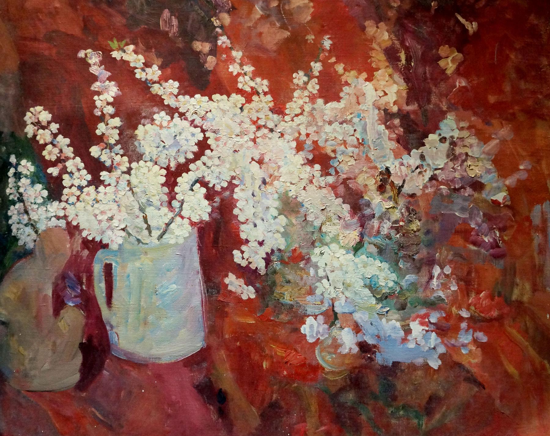 Oil painting of light blue pitcher with white blossoms by Tytarenko Odarka Anatoliivna