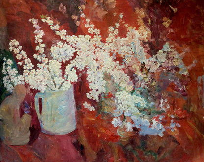 Oil painting of light blue pitcher with white blossoms by Tytarenko Odarka Anatoliivna