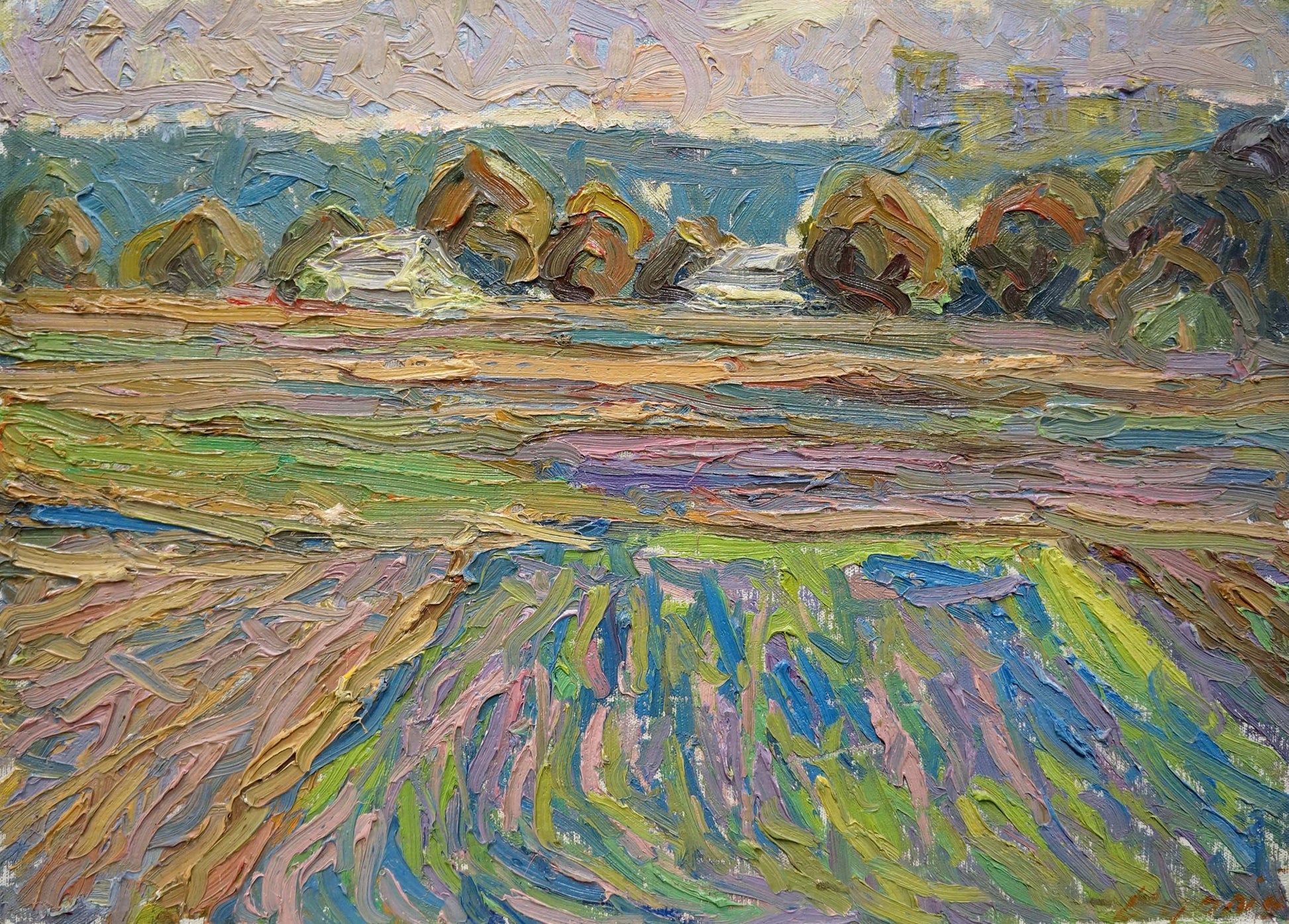 Impressionistic oil painting by Dupliy Sergey Alexandrovich: textured fields with hay bales