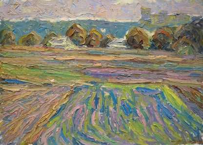 Impressionistic oil painting by Dupliy Sergey Alexandrovich: textured fields with hay bales