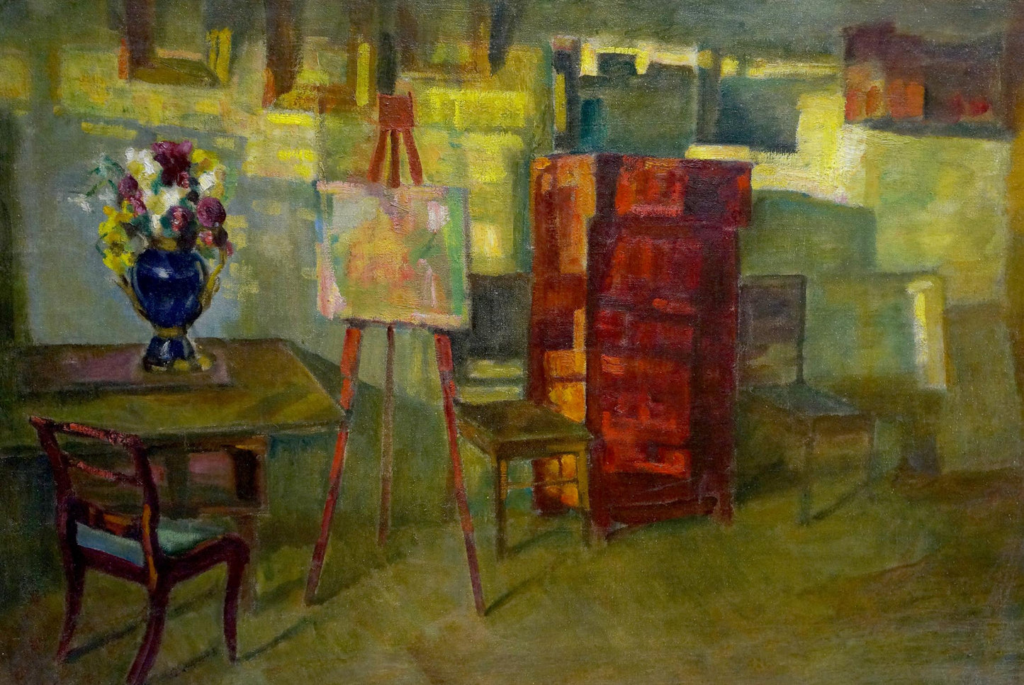 Oil painting of room interior with blue vase of colorful flowers on wooden table