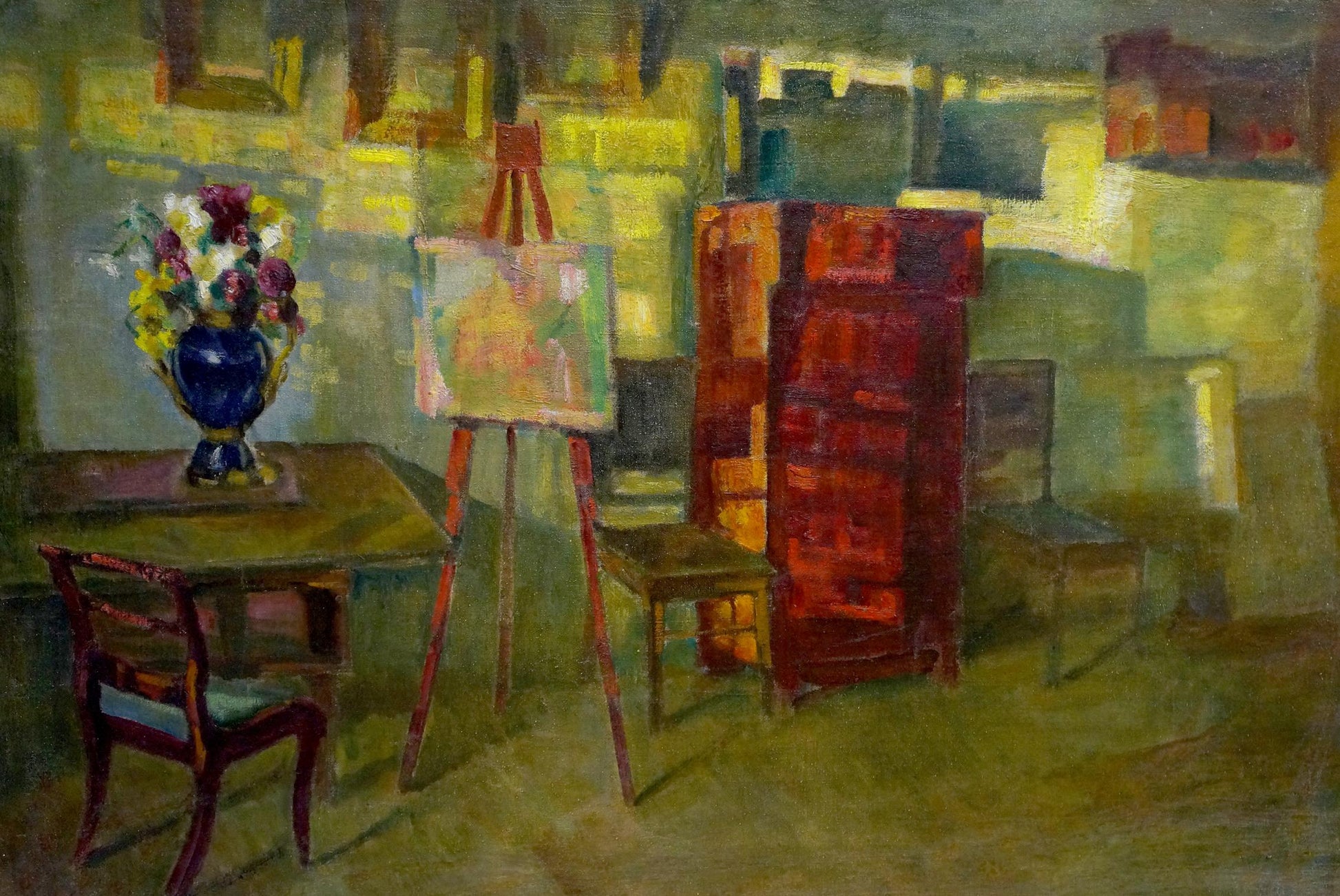 Oil painting of room interior with blue vase of colorful flowers on wooden table