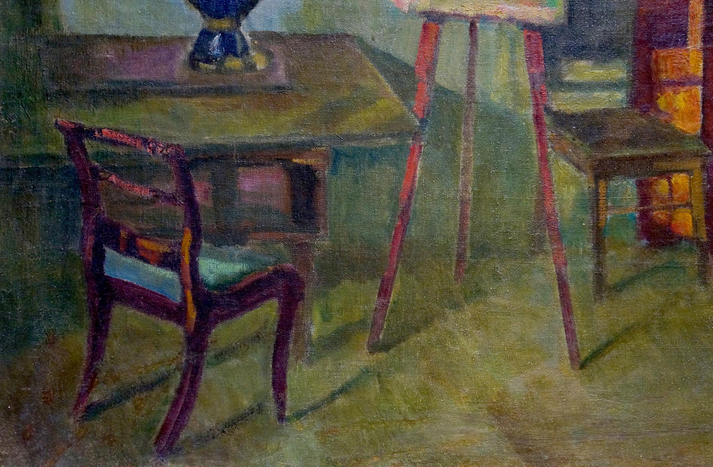 Oil painting of room interior with dark wooden chair, light blue cushion, red legs