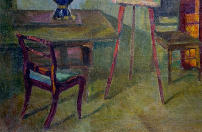 Oil painting of room interior with dark wooden chair, light blue cushion, red legs