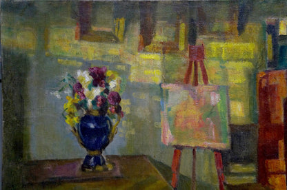 Oil painting of room interior with deep blue vase, gold accents, vibrant purple yellow white flowers