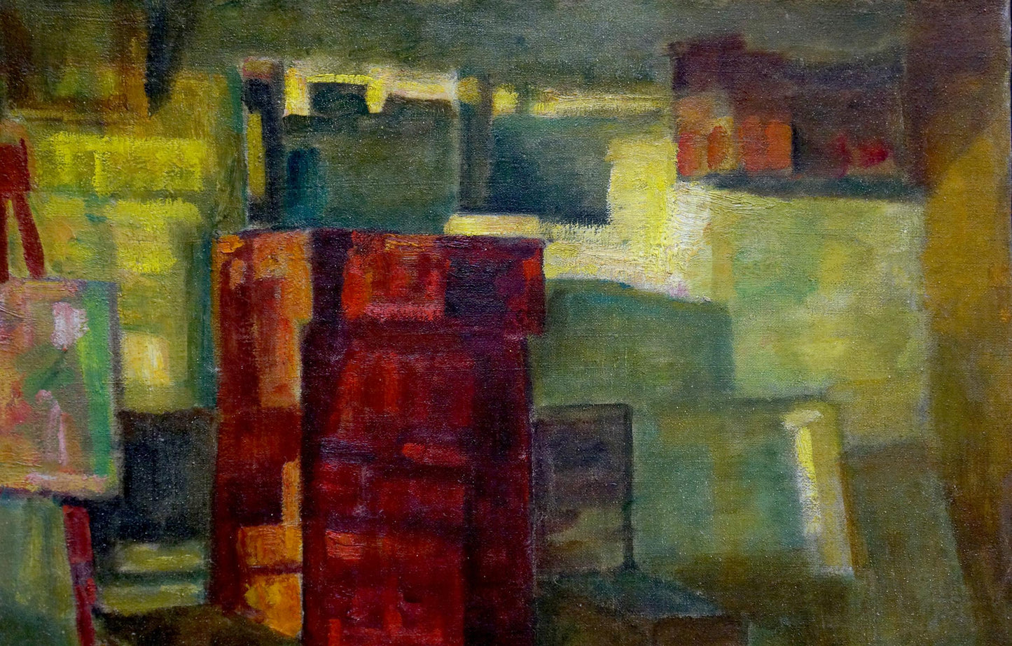 Vibrant red textured abstract oil painting with geometric shapes for room interior