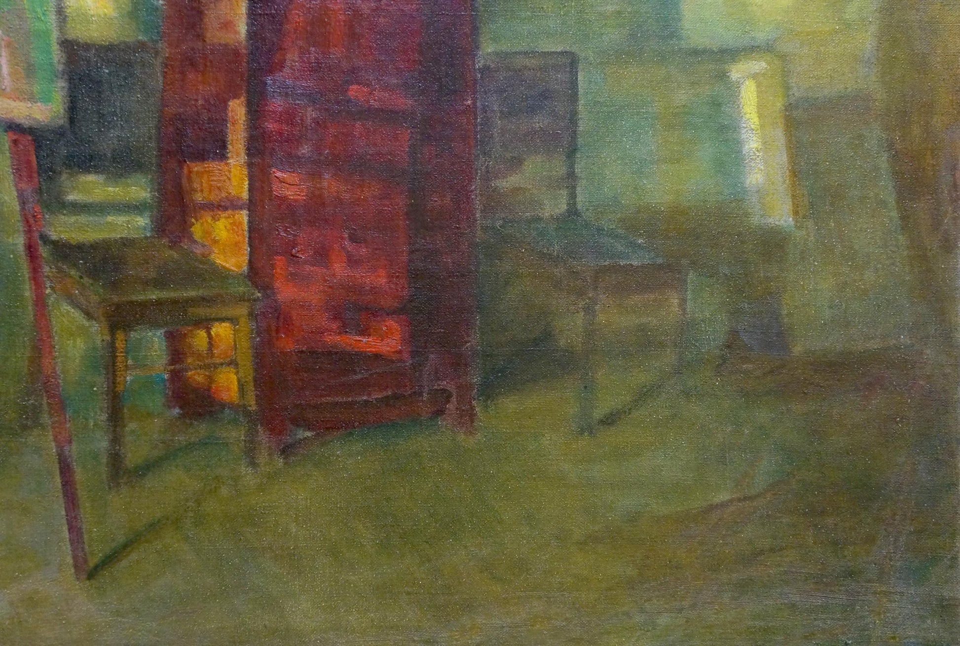 Vibrant red wooden bookshelf in softly lit impressionistic oil painting room interior