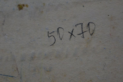 Black handwritten markings on textured off-white wall of Dupliy oil painting