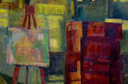 Red easel with oil painting canvas of pink yellow green abstract brushstrokes