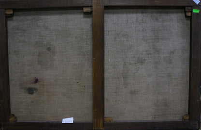Back of Oil painting Room interior framed with dark wooden stretcher bars and gray canvas panels
