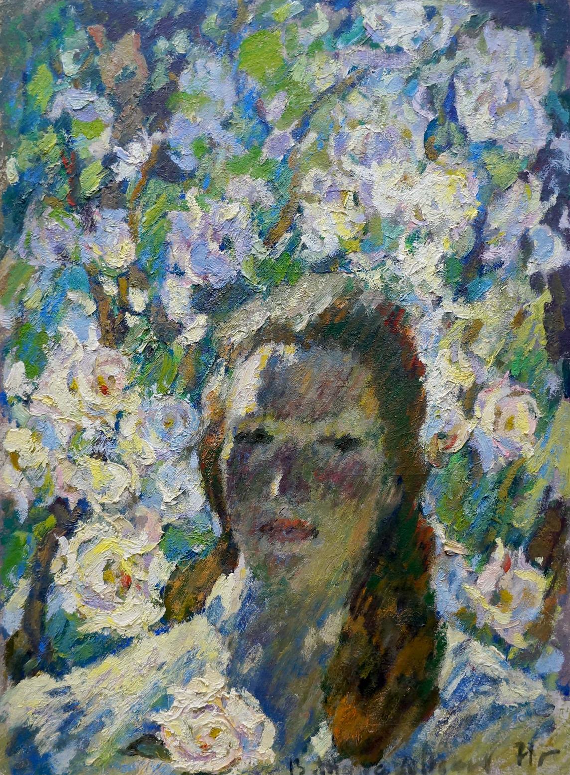 Oil painting of contemplative dark-haired woman among roses by Zhurakovsky Victor Petrovich