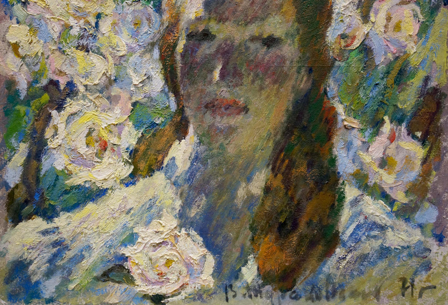 Oil painting of woman among roses by Zhurakovsky Victor Petrovich