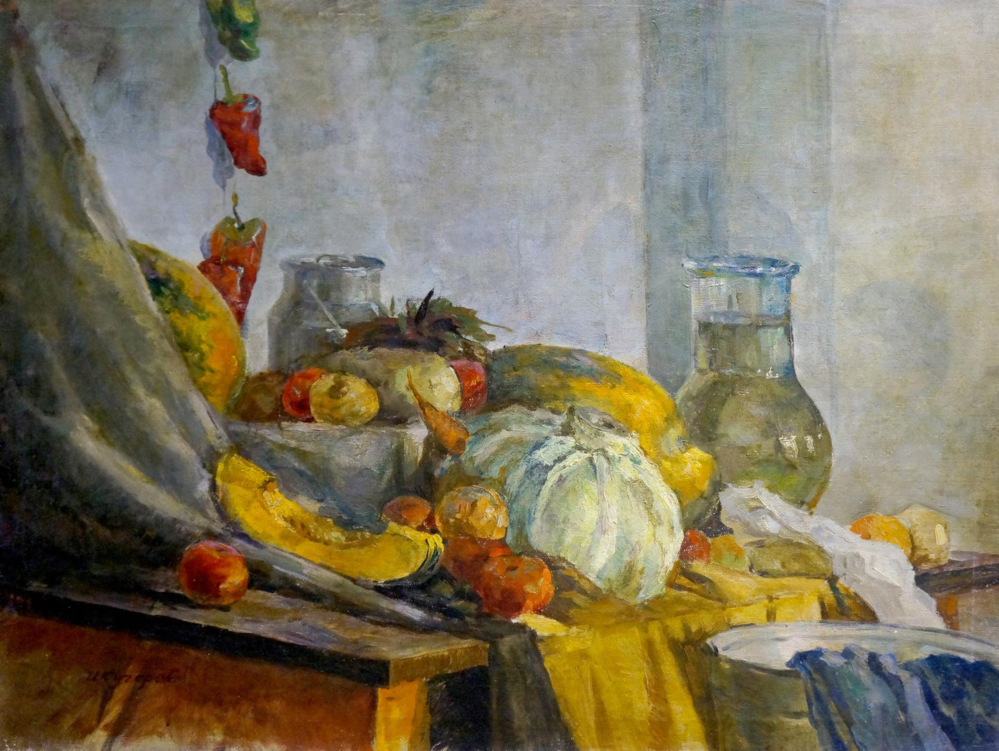 Oil painting Still life Kucherov I: white cabbage with fruits on wood table