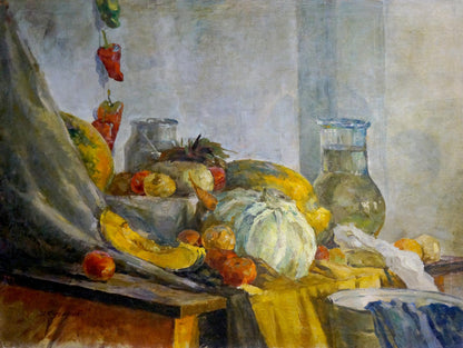 Oil painting Still life Kucherov I: white cabbage with fruits on wood table