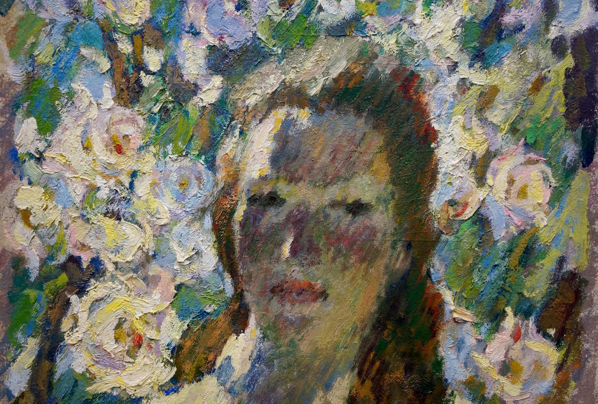 Oil painting of woman among roses by Zhurakovsky Victor Petrovich