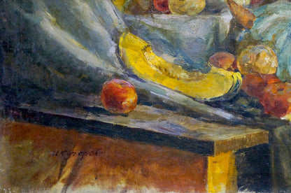 Oil painting Still life Kucherov I: yellow banana on dark textured surface