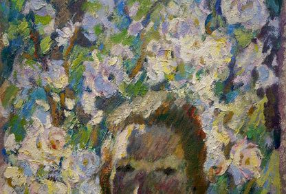 Oil painting of woman among roses by Zhurakovsky Victor Petrovich