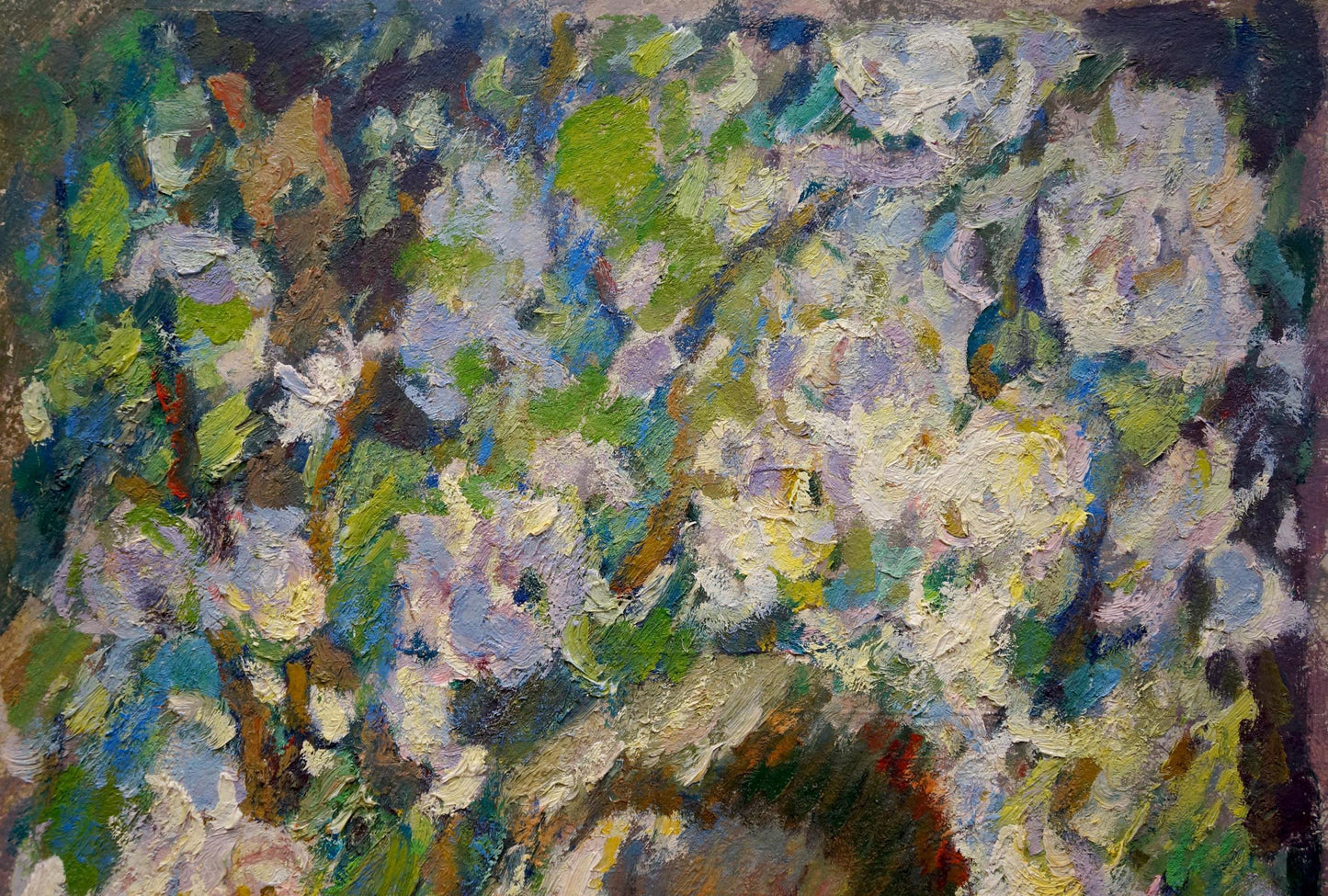 Vibrant impressionist oil painting of woman among roses by Zhuravsky with blossoming tree