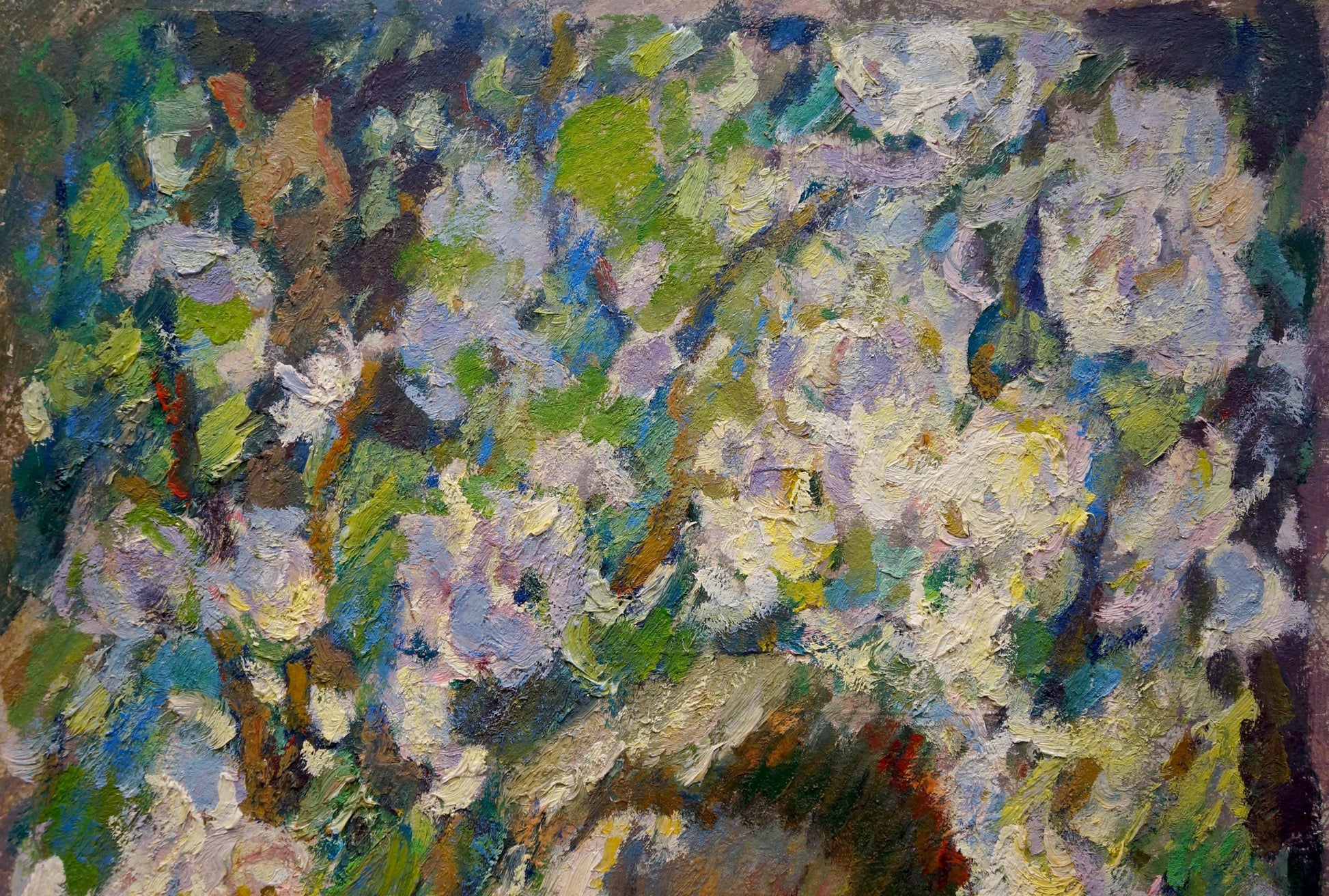 Vibrant impressionist oil painting of woman among roses by Zhuravsky with blossoming tree