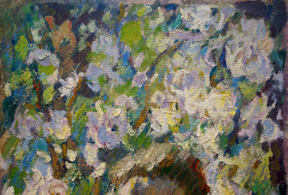 Vibrant impressionist oil painting of woman among roses by Zhuravsky with blossoming tree