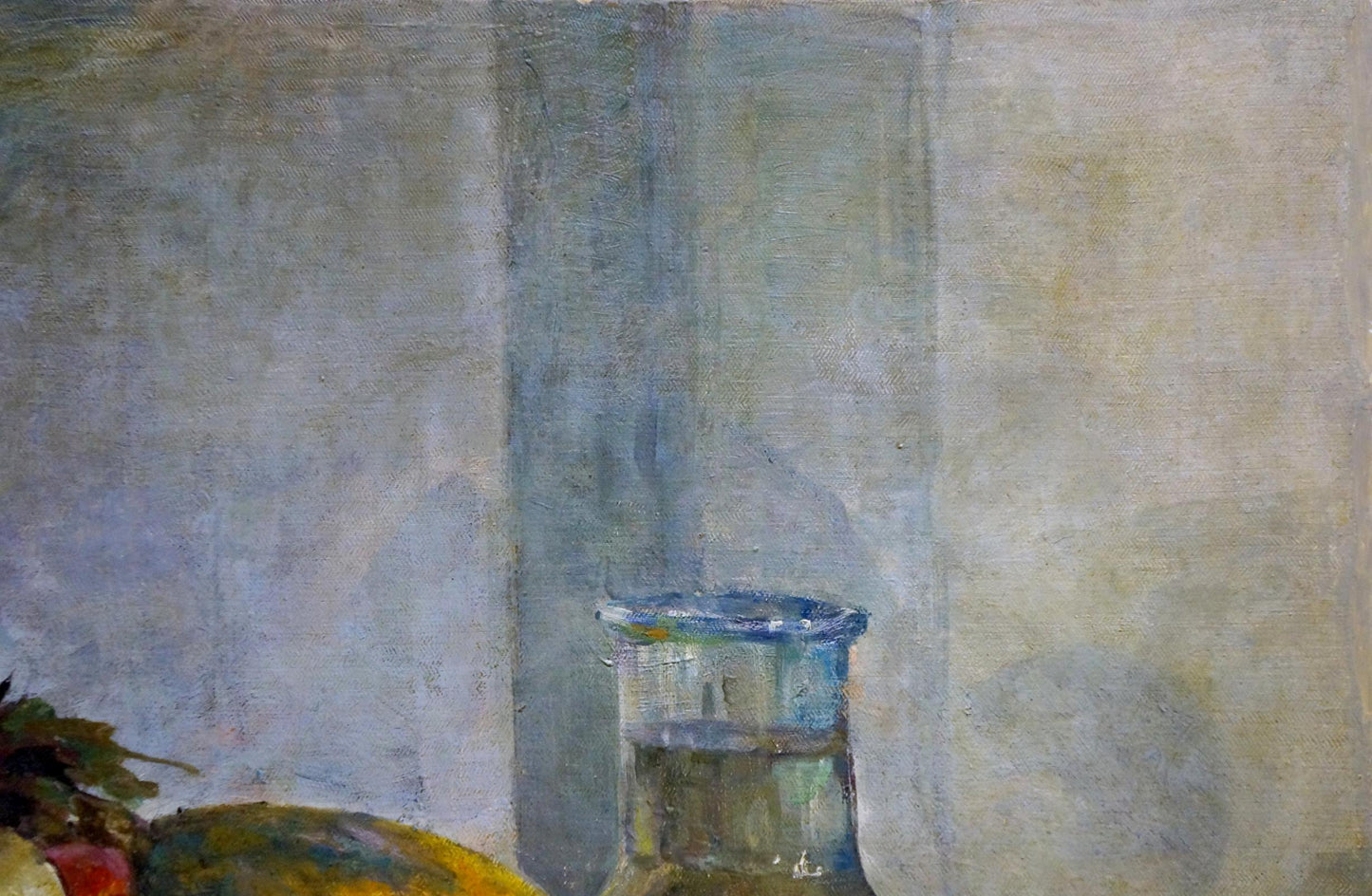 Oil painting Still life Kucherov I: translucent blue glass bottle with chipped rim