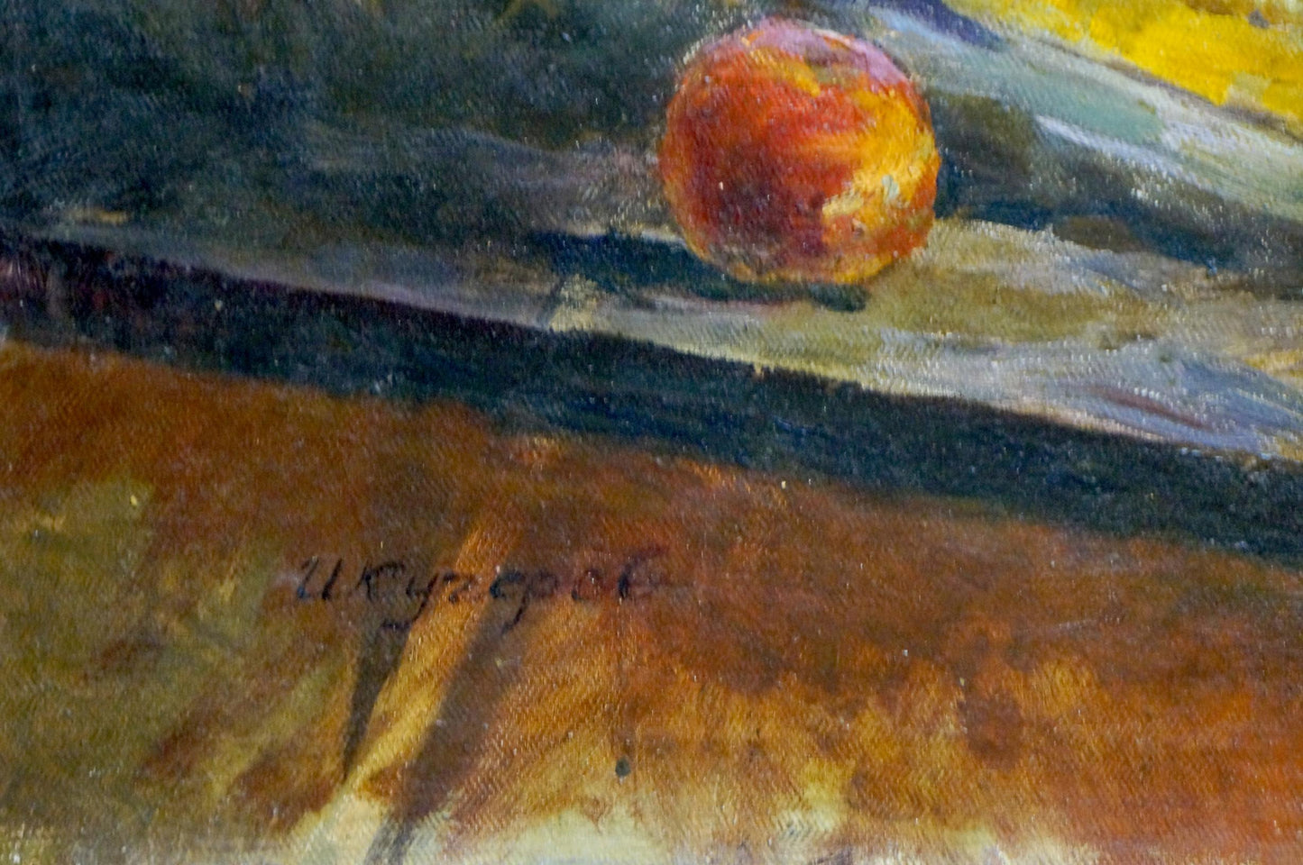Oil painting Still life Kucherov I: vibrant red yellow apple on textured canvas