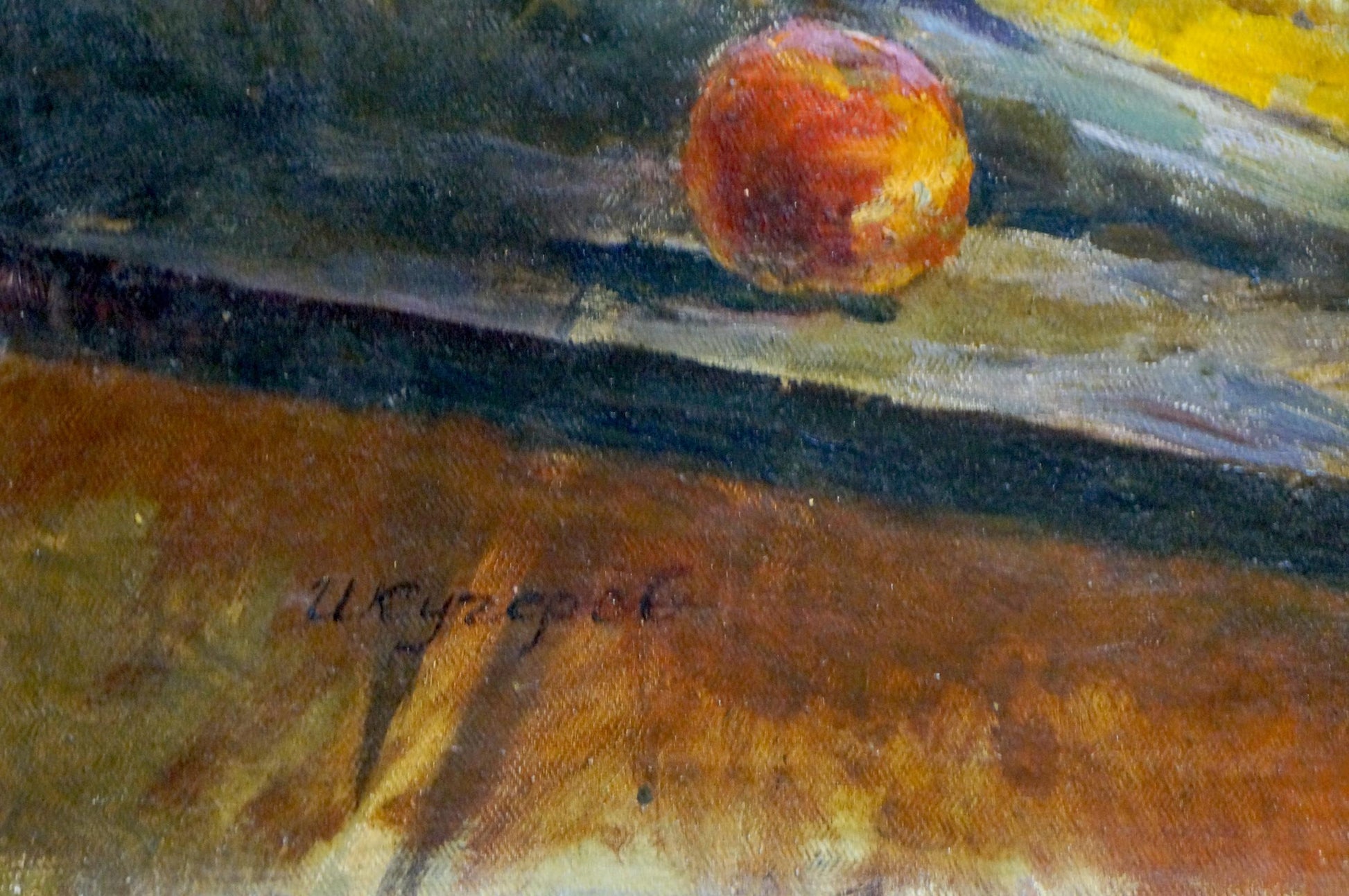 Oil painting Still life Kucherov I: vibrant red yellow apple on textured canvas