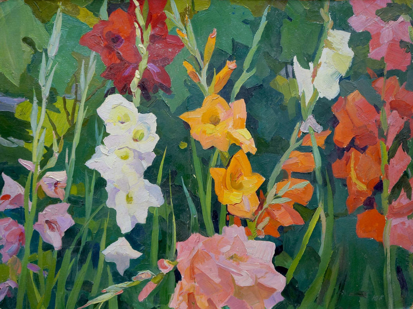 Vibrant oil painting of gladiolus garden by Balanovsky Yuri Vasilievich