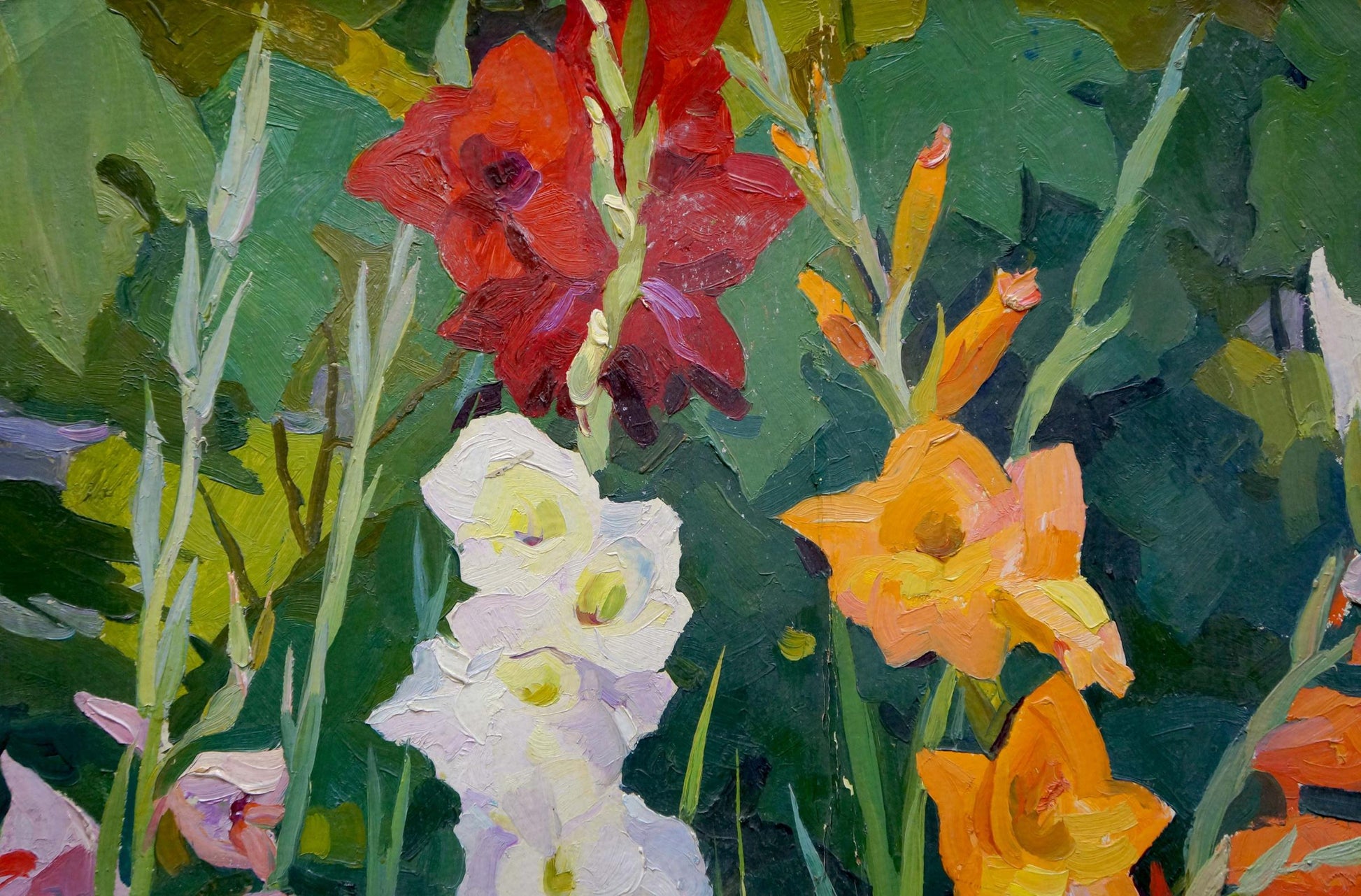 Oil painting of vibrant red, orange, white gladiolus by Balanovsky Yuri Vasilievich