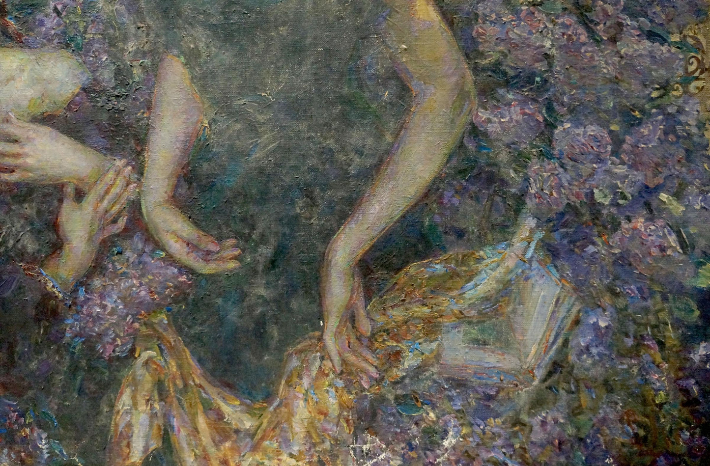 Textured impressionistic oil painting of girls near lilac by Titarenko Maria Anatolyevna