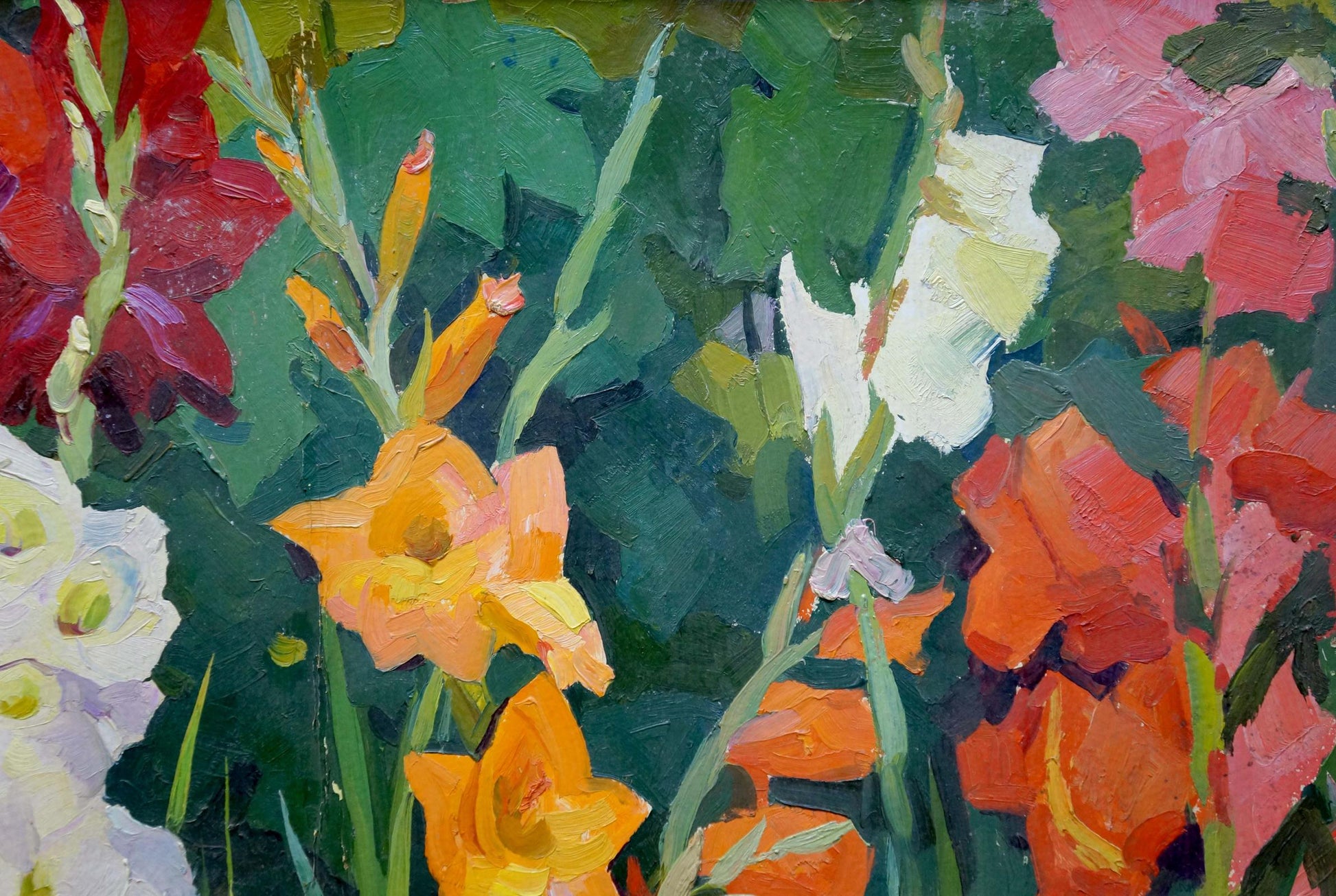 Oil painting Gladioli by Balanovsky Yuri Vasilievich, vibrant orange red flowers