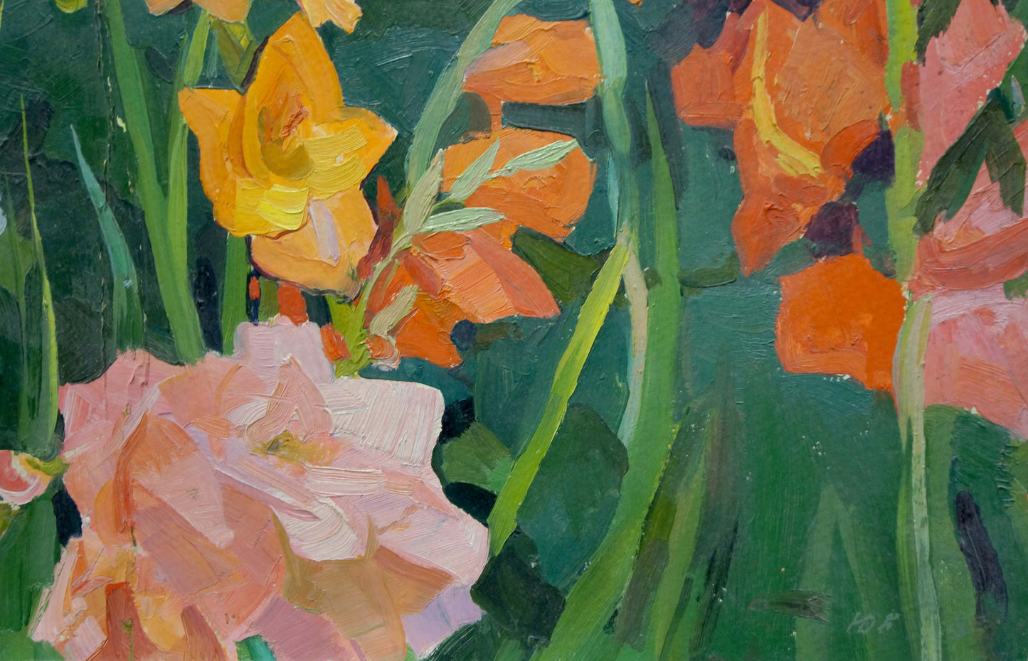 Oil painting Gladioli by Balanovsky Yuri Vasilievich vibrant orange pink textured flowers