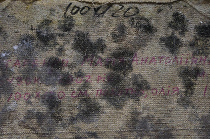 Back of Titarenko Maria Anatolyevna oil painting with worn fabric, faded Cyrillic text, 100/720 mark