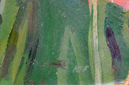 Oil painting Gladioli by Balanovsky Yuri Vasilievich with bold green purple brown strokes