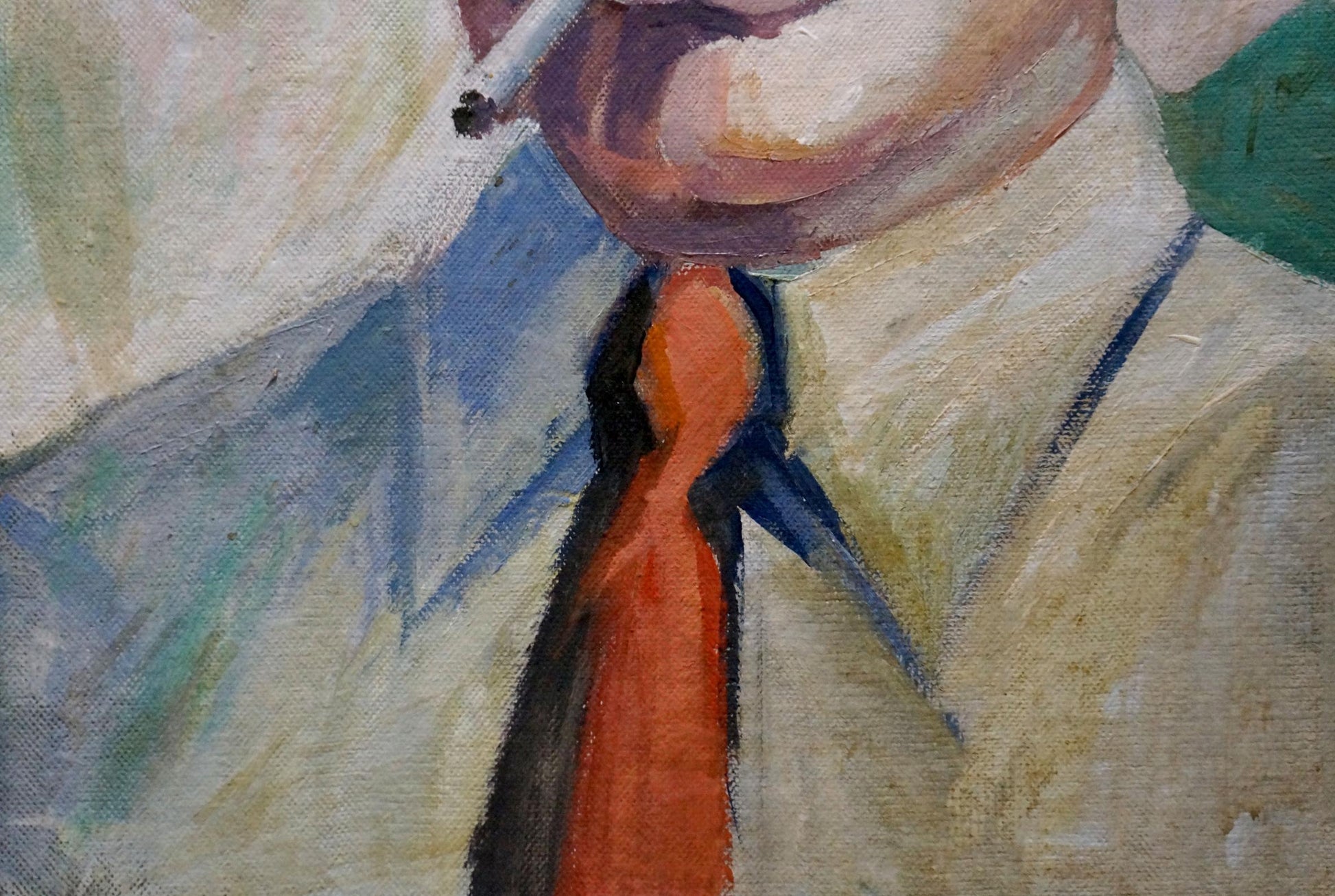 Vibrant orange tie with classic knot in Deineka oil painting portrait