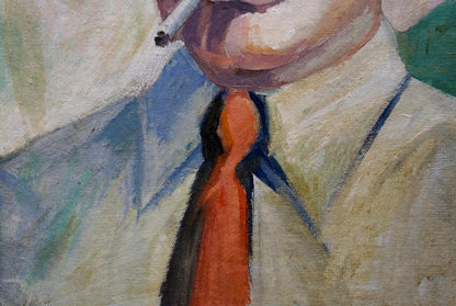 Vibrant orange tie with classic knot in Deineka oil painting portrait
